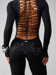 Missguided x Playboy Tuta con maniche lunghe, allacciatura, decorata con strass, per feste, club, eventi serali, senza schiena, aderente, elegante, lunghezza intera