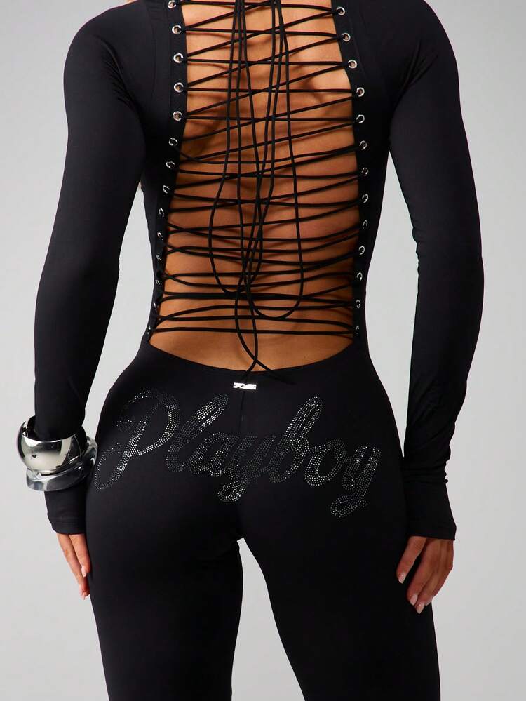 Missguided x Playboy Full Length Bodycon Jumpsuit With Lace Up Back