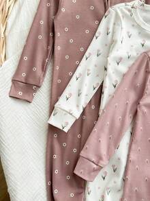 Babygirl Cute Casual Knitted Ditsy Floral Stretchy Pink Long Sleeve Jumpsuit Bodysuit Loungewear