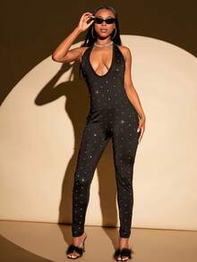 SHEIN SXY Fall Women Clothes;Women's Rhinestone Decor Backless Halter Neck Bodycon Jumpsuit;Elegant Outfits For Everyday Dates, Nightclubs, Parties And New Year Events