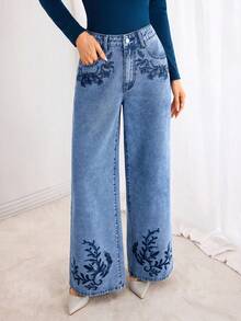 Elenzga Women's Plant Embroidery Pocket Wide Leg Loose Casual Jeans - Medium Wash - View 9