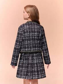 Tween Girl Plaid Contrast Mesh Frill Trim Jacket And Mini Skirt Fashion Set