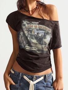 Bohemela BOHO Music Festival Casual Solid Color Knit Asymmetrical Neck Short Sleeve T-Shirt For Women - Black - View 4