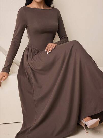 Veilorie Women's Solid Color Round Neck Long Sleeve Casual Arabic Style Dress