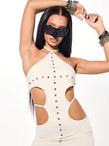 SUMWON WOMEN Cream Jersey Halterneck Eyelet Mini Dress With Cut-Out Details For Summer Party Nightclub Festival Occasions - White - View 4