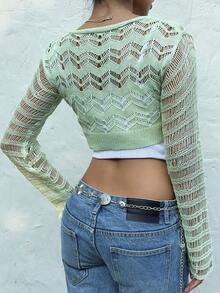 SHEIN Unity Women's Long Sleeve Hollow Out Twist Front Sexy Crop Cardigan, Resort Style - Green - View 2