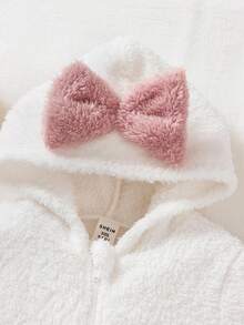 Newborn Baby Girl Soft Fluffy Bow Decor Hooded Jumpsuit, Autumn/Winter Clothes - White - View 5