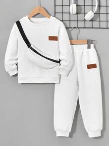 2 件套年轻男孩针织提花纹理长袖运动衫和裤子套装，秋冬时尚休闲装 - 白色 - 查看 1