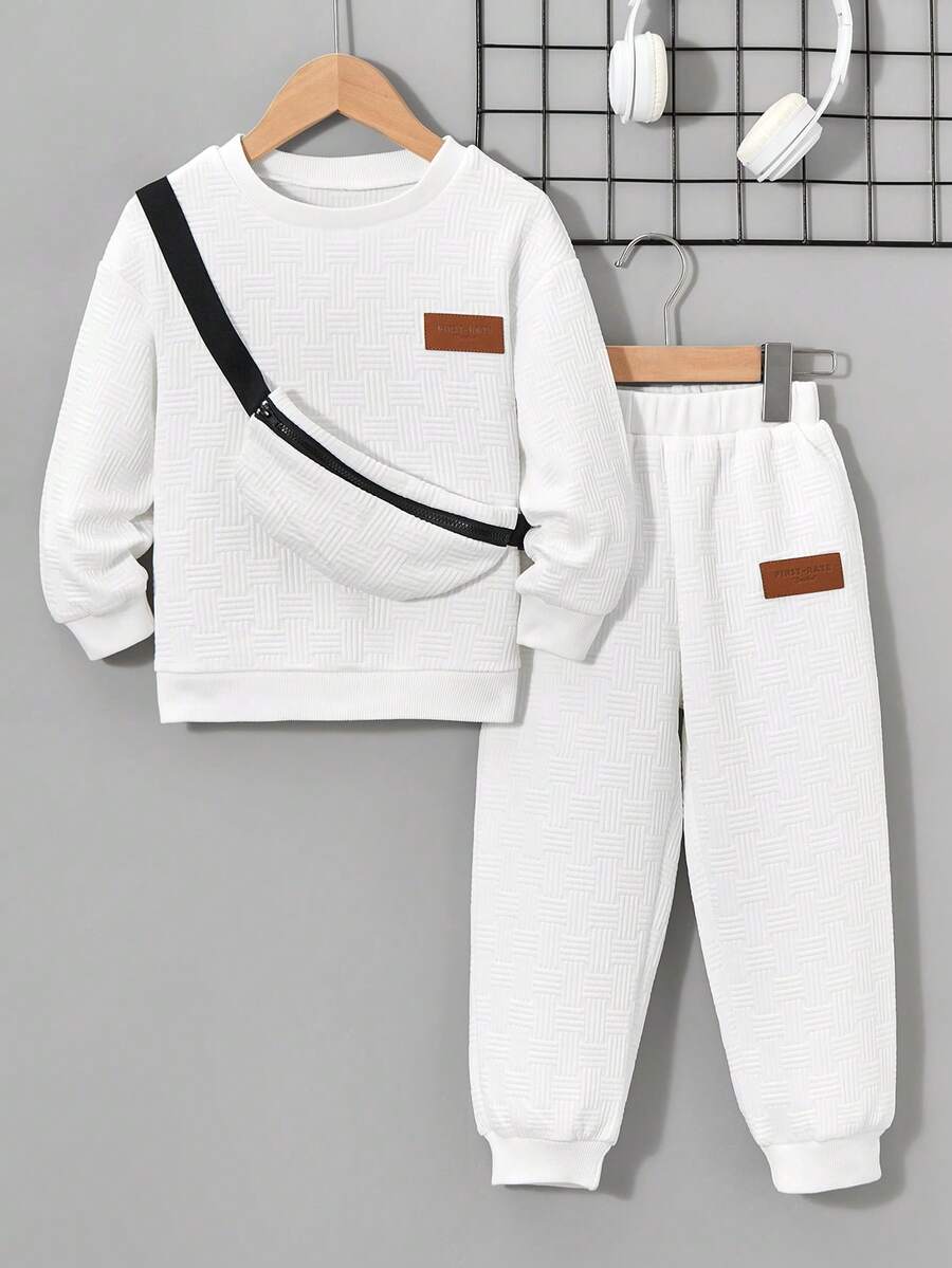 2 件套年轻男孩针织提花纹理长袖运动衫和裤子套装，秋冬时尚休闲装 - 白色 - 查看 1