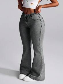 Slaydiva Plus Size Women's Fashion Embroidered Flare Jeans - Grey - View 3
