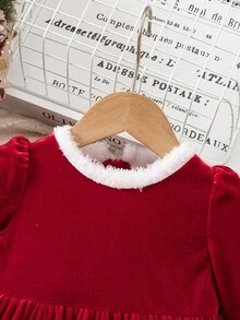 SHEIN Baby Girl Adorable One-Piece Knitted Plush Red And White Dress,Autumn Elegant Dinner Christmas Birthday Princess Long-Sleeved Party Outfit - Red - View 4