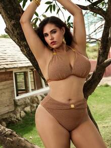 Swim Chiccia Conjunto de bikini de 2 piezas de tela texturizada de unicolor con escote halter para vacaciones y fiestas, talla grande para mujer - Café integral - Ver 5