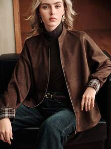 女式绒面格子拼接设计复古街头风格学院风别致美式咖啡棕色高端夹克 - 咖啡棕 - 查看 6