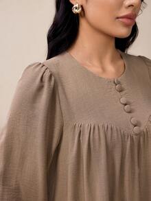Veilorie Women's Solid Color Round Neck Lantern Sleeve Button Design Loose Arabic Dress - Brown - View 6