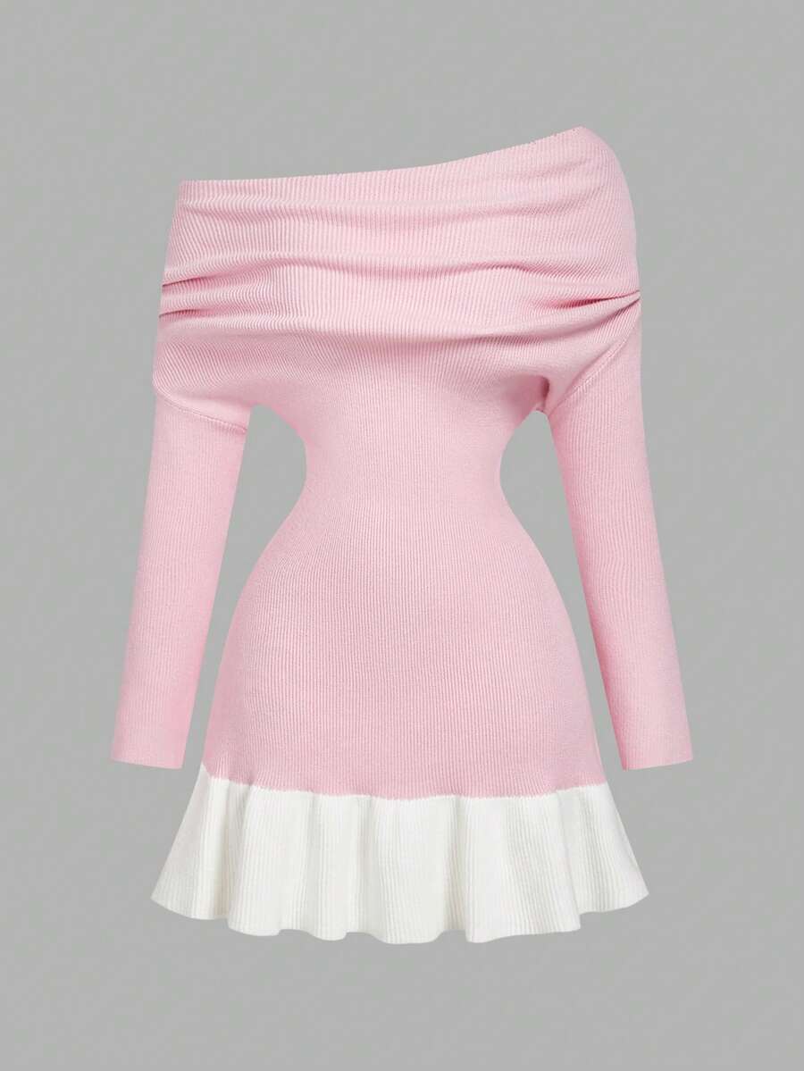 SHEIN MOD 女士粉色露肩针织连衣裙 - 粉色 - 查看 1