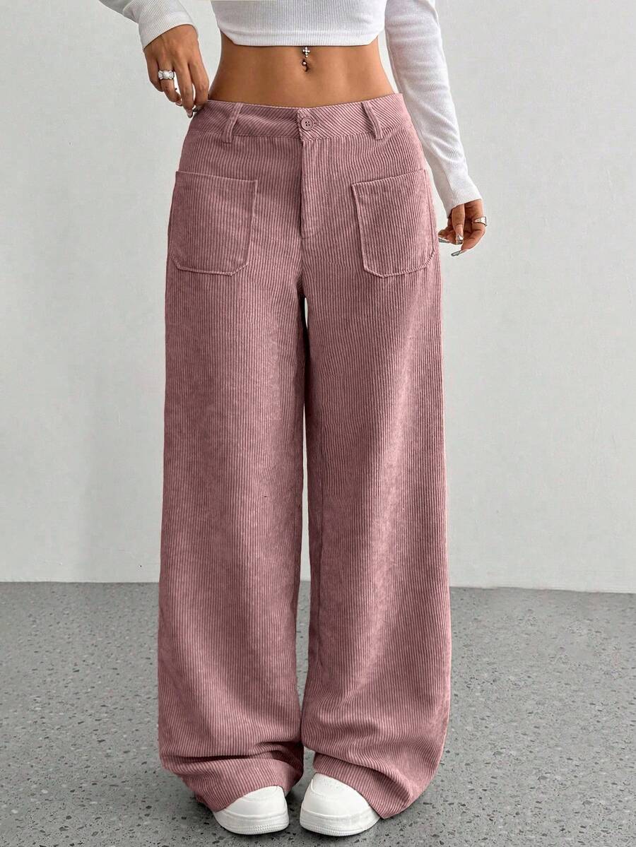 SHEIN Unity 1pc Women's Corduroy Straight Leg Pants, Front & Back Pockets Design, Casual Everyday Campus Wear Wide Leg Trousers, Lotus Root Color - Dusty Pink - View 1