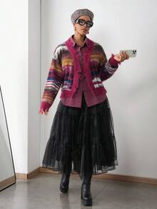 Slaydiva Veslaya 2025 Preppy Stil Neue V-Ausschnitt Burgunder gestreifte Farbblock Distressed Langarm Große Größen Strickjacke, geeignet für Herbst Winter, Basic, Lässig, Party, Straße, Musikfestival, Flughafen Karamell Kern - Verschiedenfarbig - Übersicht 5