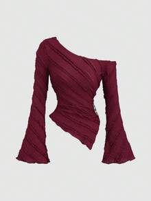 Sweetra Blusa casual de primavera/verano/otoño para mujeres, ideal para viajes y uso diario, con tela texturizada, bajo asimétrico, mangas acampanadas y decoración metálica lateral