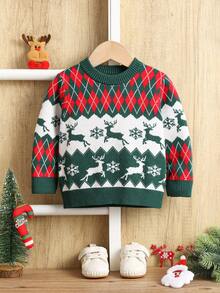 SHEIN 4 件圣诞格子绿色毛衣，男女通用婴儿冬季服装，家庭装妈妈和我 - 彩色 - 查看 3