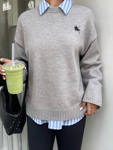 Siren Gaze Women's Casual Loose Fit Round Neck Drop Shoulder Long Sleeve Knight Pattern Sweater, Autumn/Winter - Grey - View 2