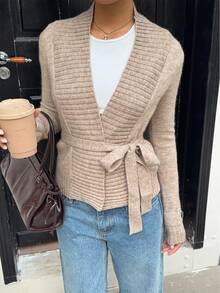 SHEIN Unity Women's Casual Wrap Around Long Sleeve Knit Cardigan, Versatile Tie Front