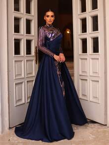 Aureia Elegante y lujoso vestido de satén con cuello alto, manga larga transparente, fruncido delantero, cola de pez, volante oversize, adornado con cuentas y lentejuelas, apropiado para todas las ocasiones formales, bodas, vacaciones, fiestas, madre de la novia/novio