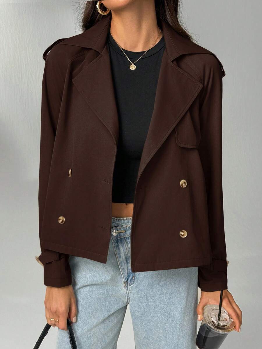 SHEIN Tall Women's Short Button Lapel Raincoat British Style Stylish Khaki Regular Hem Trench Coat With Long Sleeves For Everyday Comfort In Fall/Winter Brown Blazer Women Cropped Blazer Brown Jacket Women Cropped Jacket Oversized Jacket - Brown - View 1