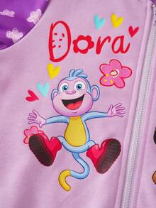DORA | SHEIN Young Girl Cartoon Monkey & Dora Print Hooded Zip-Up Sweatshirt, Autumn/Winter - Purple - View 4