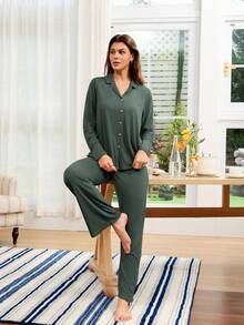 SHEIN Doze Lane Lazeform Button Soft & Skin-Friendly Unisex Fashionable Loungewear Pajama Set Sage Green Pajama Set Green Pj Set Fall Winter Clothes - Dark Green - View 3