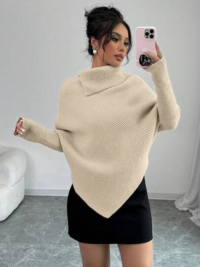 Elenzga סוודר סריג קלאסי א-סימטרי בצבע אחיד עם צווארון גבוה לנשים, אופנתי ורב-תכליתי לחגים וחופשות