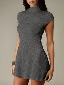 MISSGUIDED Charcoal Crew Neck Short Sleeve Ribbed Mini Dress Casual Fall Winter Bodycon Fitted - Black - View 4