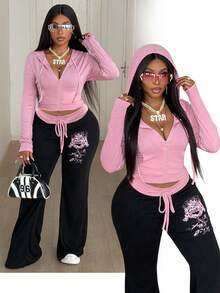 Maweii 大码女式性感连帽长袖束腰卫衣及喇叭裤两件套，弹力舒适，休闲街头风，日常穿着，撞色设计 - 彩色 - 查看 1