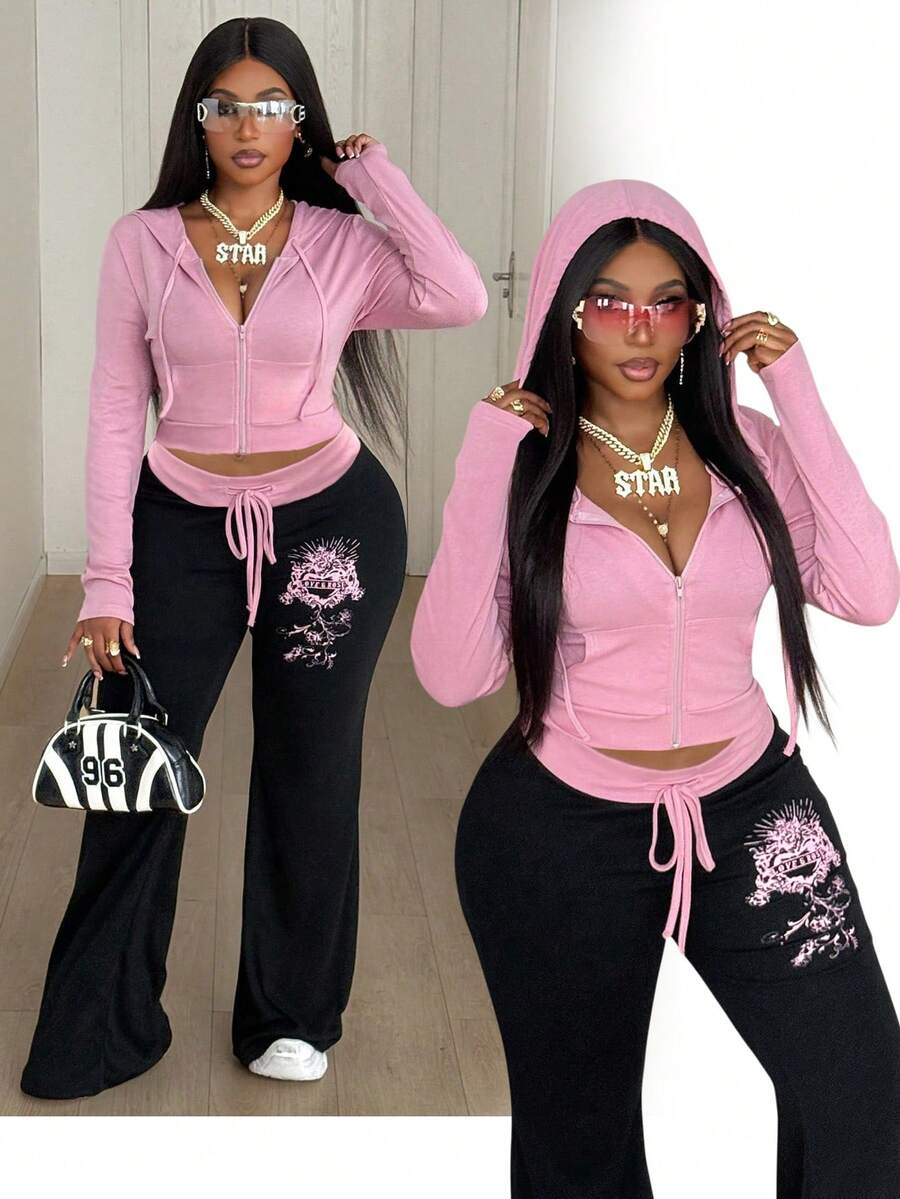 Maweii 大码女式性感连帽长袖束腰卫衣及喇叭裤两件套，弹力舒适，休闲街头风，日常穿着，撞色设计 - 彩色 - 查看 1