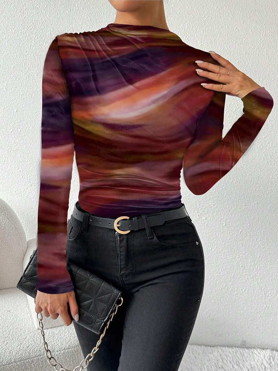 Chiquease Camiseta de manga larga asimétrica con pliegues y estampado degradado, camisetas gráficas para mujer de otoño/primavera - Naranja - Ver 1