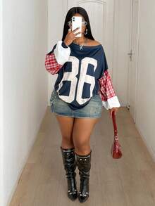 Maweii Women's Summer Casual Number And Classic Plaid Print Design Loose Long-Sleeve T-Shirt, Suitable For Everyday Wear, New Year's Wear, Christmas Wear, And Holiday Wear