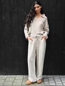 Siren Gaze Quarter Zip Drop Shoulder Sweater,Ladies Spring/Fall Casual Long Sleeve Oversized Khaki Drop Shoulder Pullovers Women Sweaters - Khaki - View 7