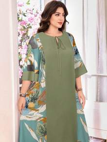 SHEIN Lacomfia 大码女式宽松休闲阿拉伯风格拼接圆领七分袖连衣裙 - 彩色 - 查看 4