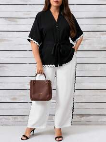 EMERY ROSE Elegant & Comfortable Plus Size Women 2 Pieces Set With Contrast Trim, Everyday Wear - Black and White - View 1