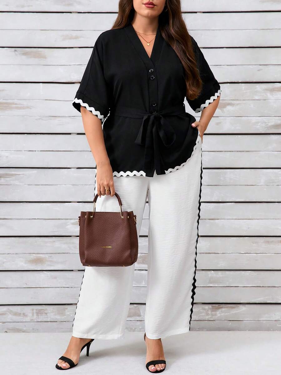 EMERY ROSE Elegant & Comfortable Plus Size Women 2 Pieces Set With Contrast Trim, Everyday Wear - Black and White - View 1