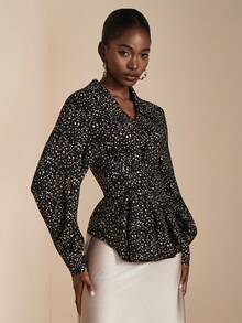 JIAN LASALA Blusa casual da donna con stampa a pois su tutto il capo, maniche a palloncino, vita con laccio incrociato, elegante e di stile luxury