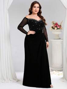 Coutiva 大码女式露肩长袖束腰正式晚礼服 - 黑色 - 查看 4