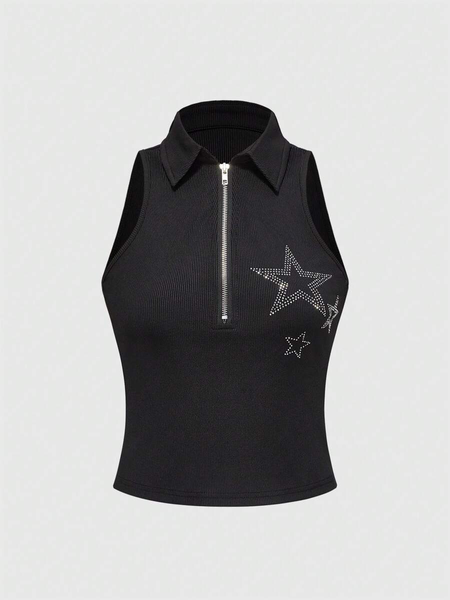 ROMWE Grunge Punk Women's Summer Zipper Half-Open Collar Rhinestone Star Decorated Vest - Army Green - View 1