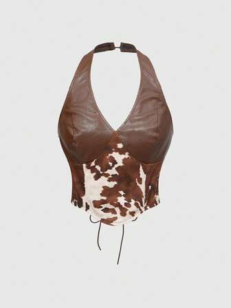 Grunge Punk Top de tirantes con cuello halter de piel sintética con estampado de animales vintage y patchwork para mujeres