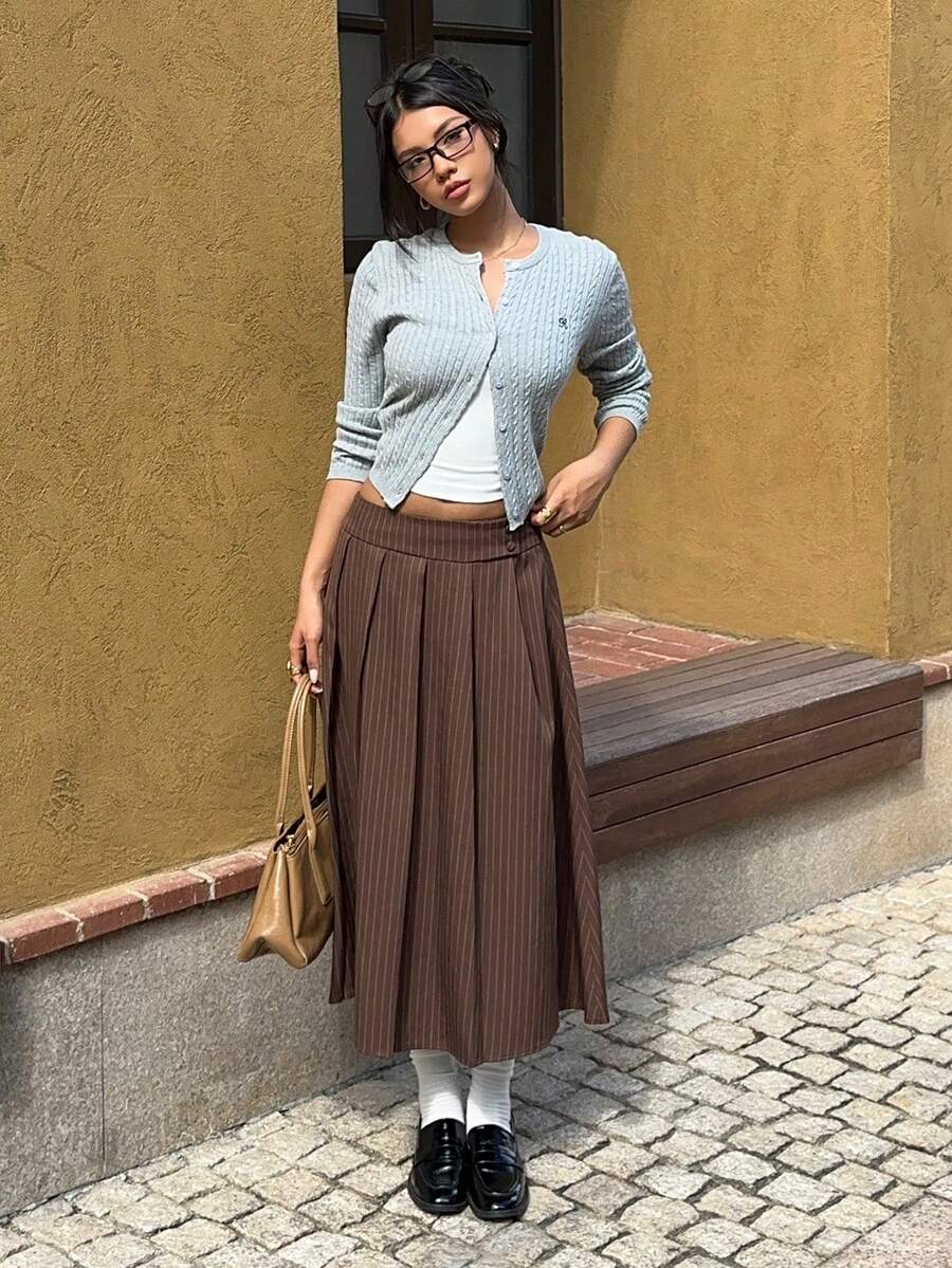 SHEIN EZwear 棕色女式条纹褶皱休闲/工作裙 - 棕色 - 查看 1