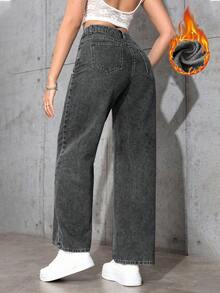 Jeanoix 女式高腰口袋阔腿宽松休闲百搭牛仔裤 - 深灰色 - 查看 2
