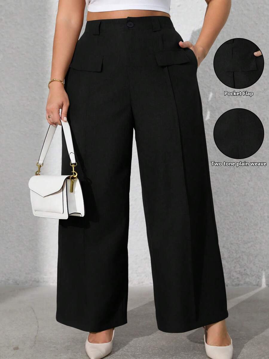 Roveilla Quần dài thường ngày túi giả cài nút phía trước màu trơn cỡ lớn dành cho nữ - màu đen - Xem 1