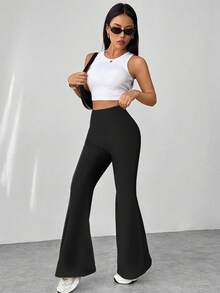 Flirla Women Solid Color Simple Textured Flare Pants Fall Cloth For Women - Black - View 4