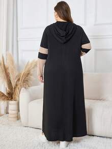 Lacomfia 大码休闲针织提花拼色连帽长袖宽松中长连衣裙，春秋季 - 彩色 - 查看 2