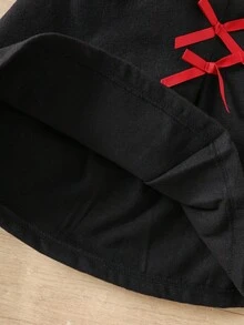 SHEIN Elladie kids Young Girls Cute Black Ribbed Long Sleeve Top Paired With Bow Decor Split Hem Skirt, Autumn/Winter T-Shirt Set