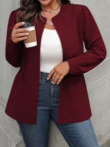 EMERY ROSE 大码休闲纯色束腰夹克 - 酒紅色 - 查看 3